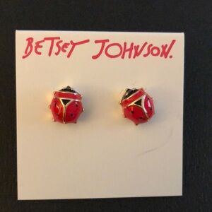 Betsey Johnson Gold Tone Red & Black Enamel Ladybug Stud Earrings NWT
